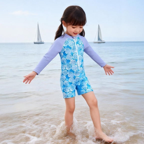 Swimsuits for Girls Crew Neck Long Sleeve Zipper Graphic Print One Piece for Beach Girls Bathing Suit Sky Blue 3 Years-4 Years
