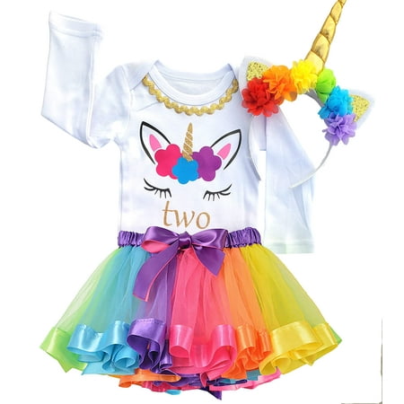 

2nd Birthday Outfit Baby Girl Tutu Dress Set (Unicorn Rainbow 2T → Long Sleeves)