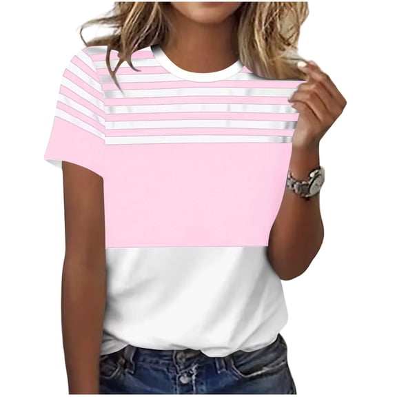 jjayotai Womens Tops Striped Color Block Tshirts Summer Short Sleeve Crewneck T Shirts Vacation Outfits Fashion Basic Tee Tops