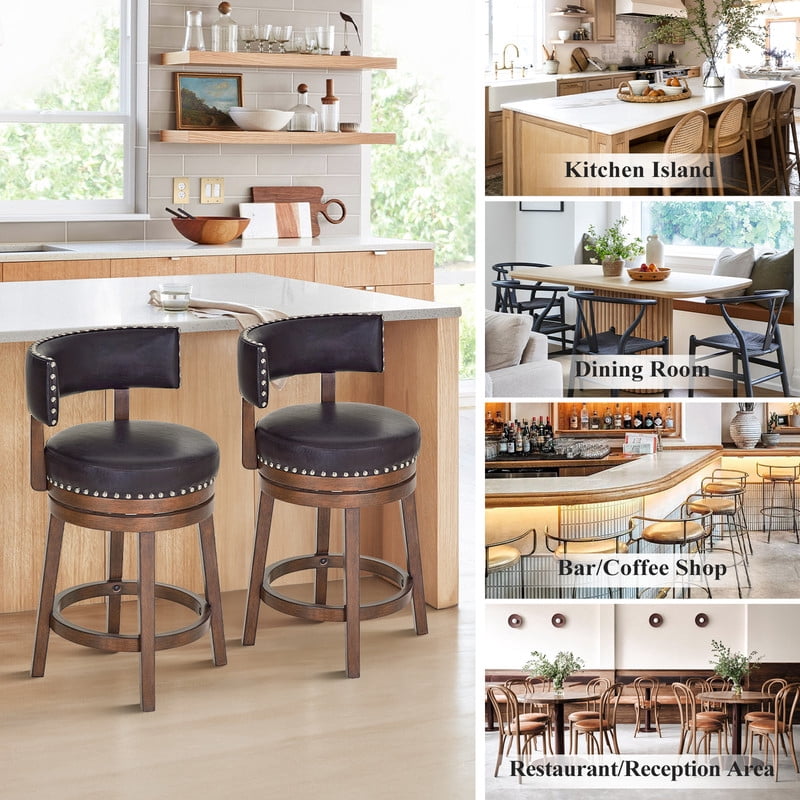 COLAMY Swivel Bar Stools Set of 4, 25 Inch Counter Height Stools, Modern Upholstered Wood Bar Chairs with Back for Kitchen Island Dining Room Bar, Fits 34-40" Height, Dark Brown