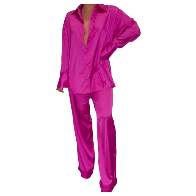 Conjunto de satén de 2 piezas para mujer: camisa de manga larga con botones y pantalones anchos, informal/pijama, tallas S-XXL