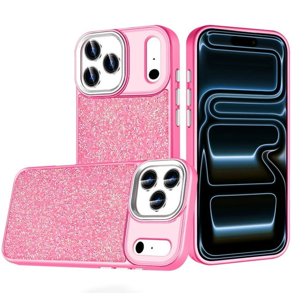 For iPhone 17 Pro Max Crystal Glass Diamond with Metallic Buttons and Edges Hybrid Case - Hot Pink