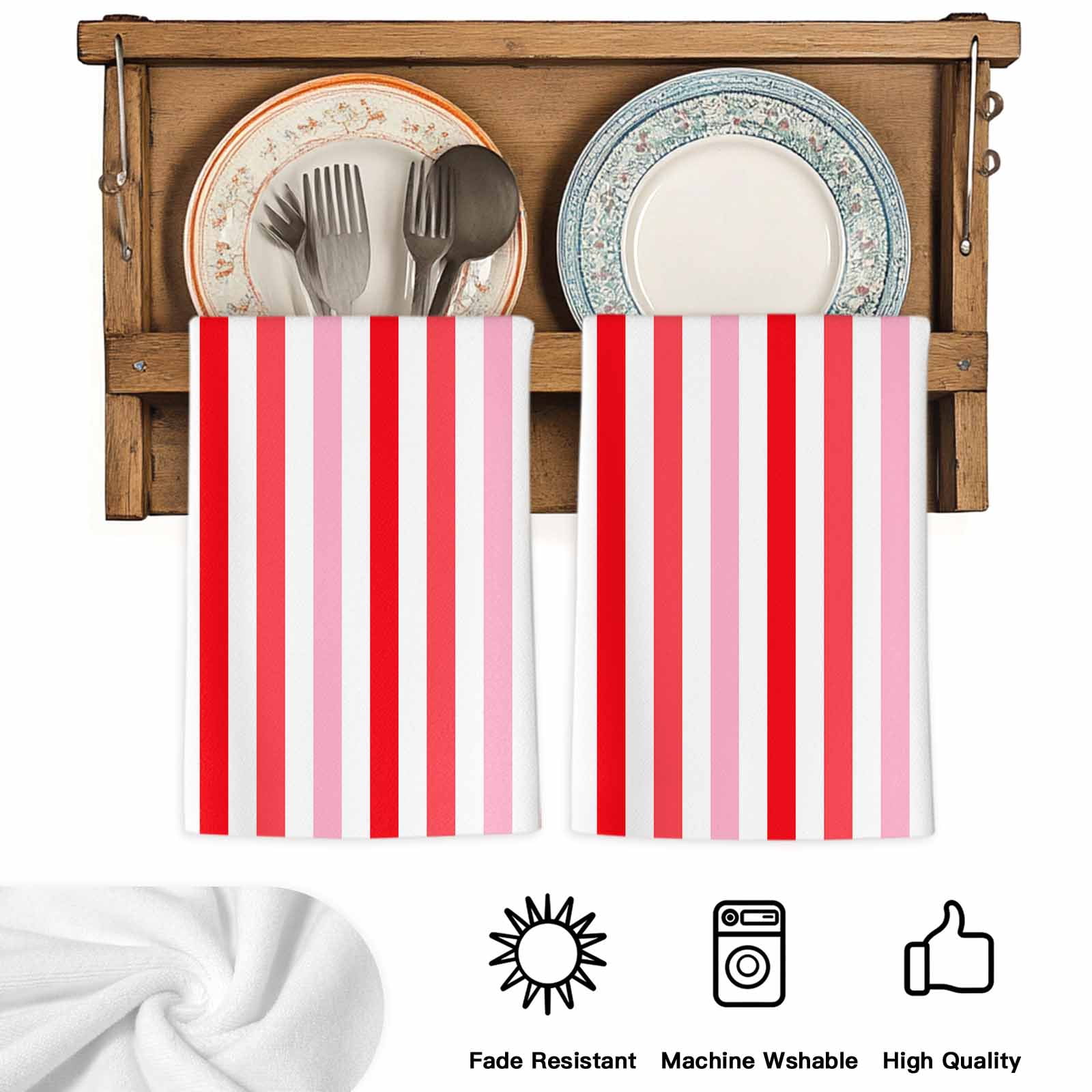 Dish Towels, Pink Red Stripes Absorbent Kitchen Towels 2 PCS, Lines Striped Microfiber Hand Towels Dish Cloths Tea Towels for Home&nbsp;Bathroom Cleaning Drying,18X28-Inch,