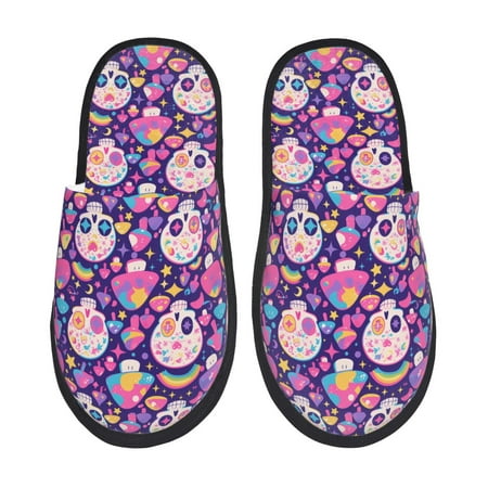 Balery cute rainbow mushroom Skull Slient Indoor Furry Fleece Comfort House Shoes Soft Non-Slip Home Shoes Cotton slippers House Slippers-- Large