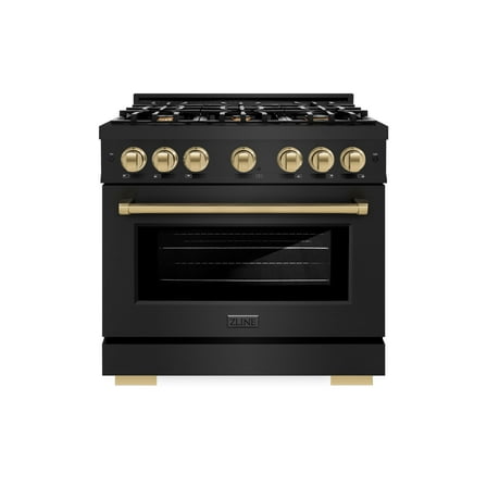 ZLINE Autograph Edition 36 in. 5.2 cu. ft. Dual Fuel Range with 6 Burner Gas Cooktop and Electric Convection Oven in Black Stainless Steel with Champagne Bronze Accents (HDRBZ-36-CB)