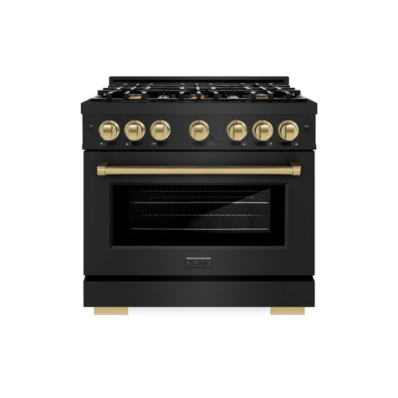 ZLINE Autograph Edition 36 in. 5.2 cu. ft. Dual Fuel Range with 6 Burner Gas Cooktop and Electric Convection Oven in Black Stainless Steel with Champagne Bronze Accents (HDRBZ-36-CB)