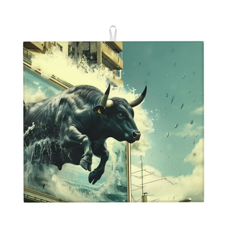 

Pofeuu Bull Charging Through Waves Print Ultra Water Absorbent Microfiber Dish Drying Mat Drying Mat for Kitchen Kitchen Counter Accessories