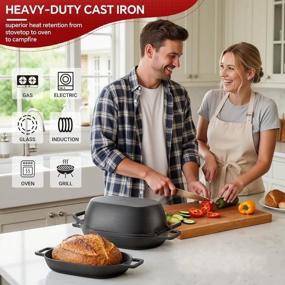12"x8" Oval Dutch Oven Pot with Lid for Bread Baking – 5 Qt Pre-Seasoned Combo Cast Iron Cookware