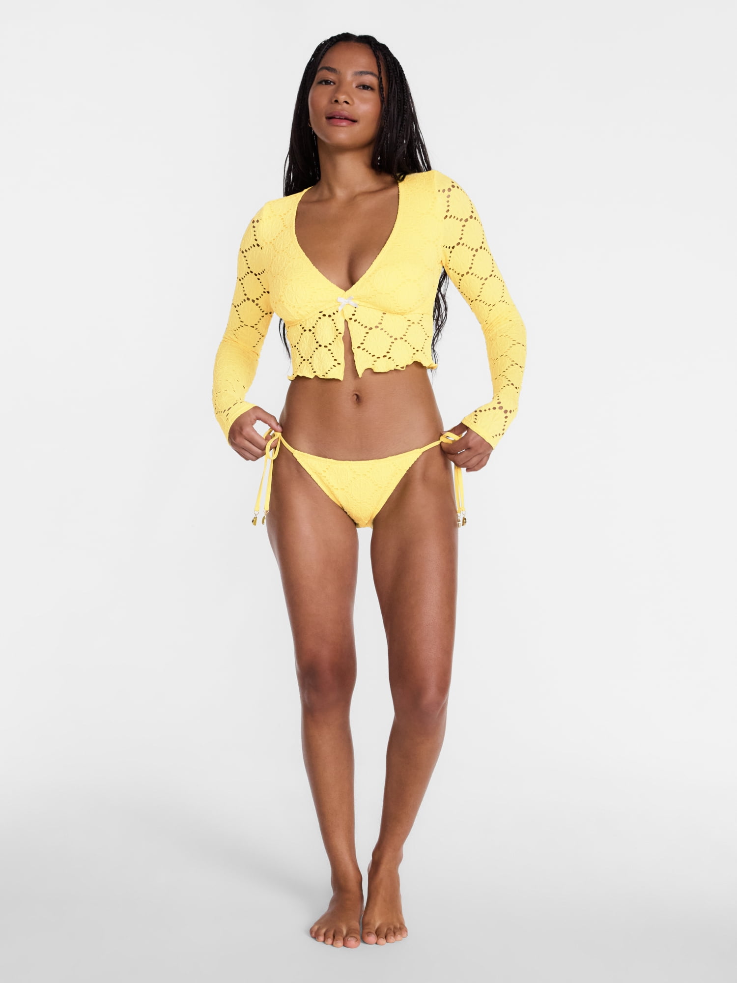No Boundaries Lemon Eyelet Open Front Swim Rash Guard with Long Sleeves, Women's XXS-XXL