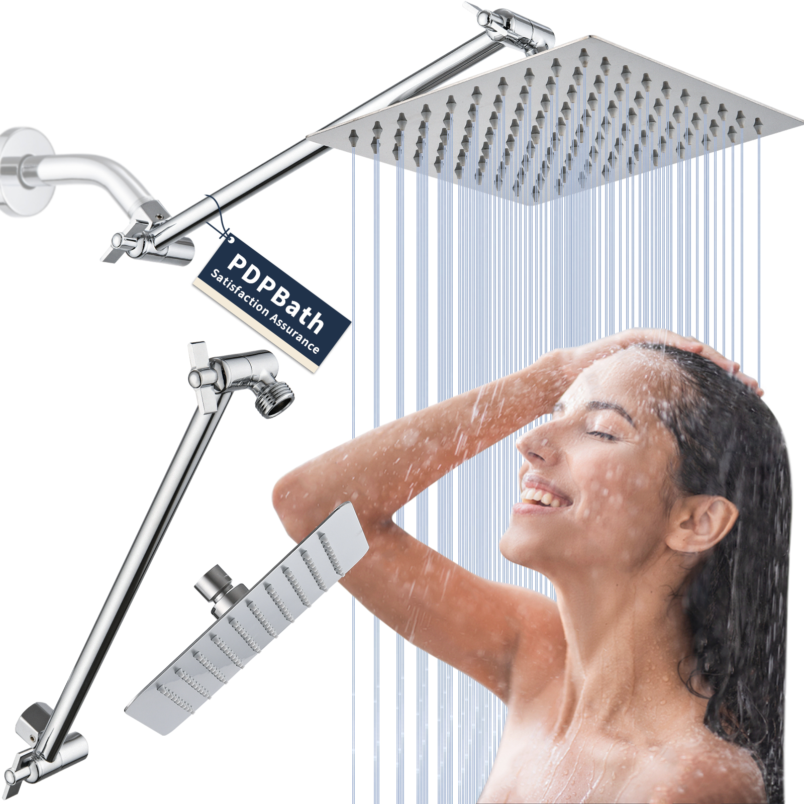 PDPBath 8" Rain Shower Head with 12" Adjustable Height&Distance
