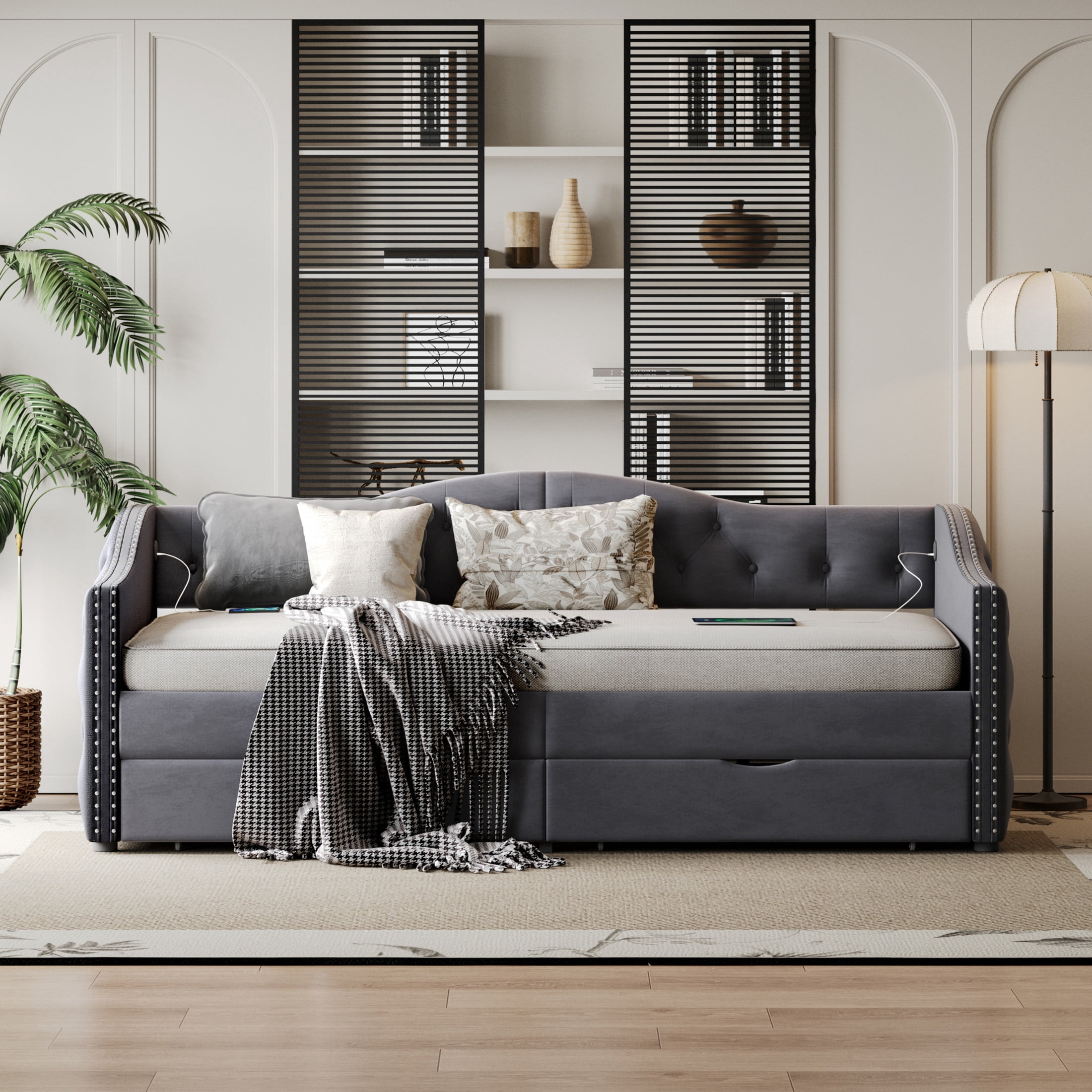 Noble House Desmond Full Boucle Daybed with Storage Drawers, Upholstered Tufted Cloud Bed Frame with USB Charging, Gray