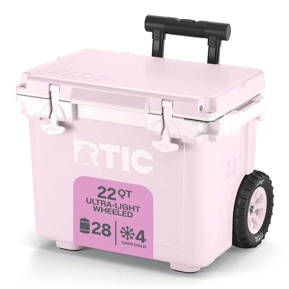RTIC 22 QT Wheeled Hard-Sided Cooler, Fits 28 Cans or 6 Wine Bottles, Pale Pink