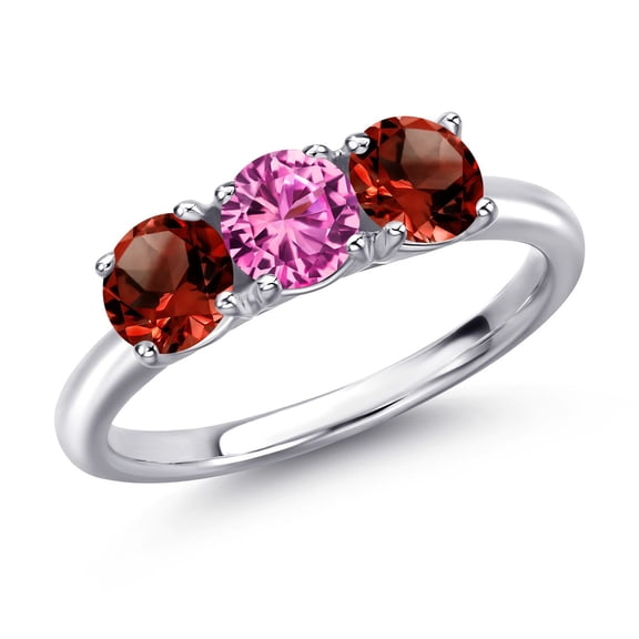 Gem Stone King 925 Sterling Silver Pink Created Sapphire and Red Garnet Engagement Ring for Women | 1.65 Cttw | Round 5MM | Gemstone September Birthstone | Size 9