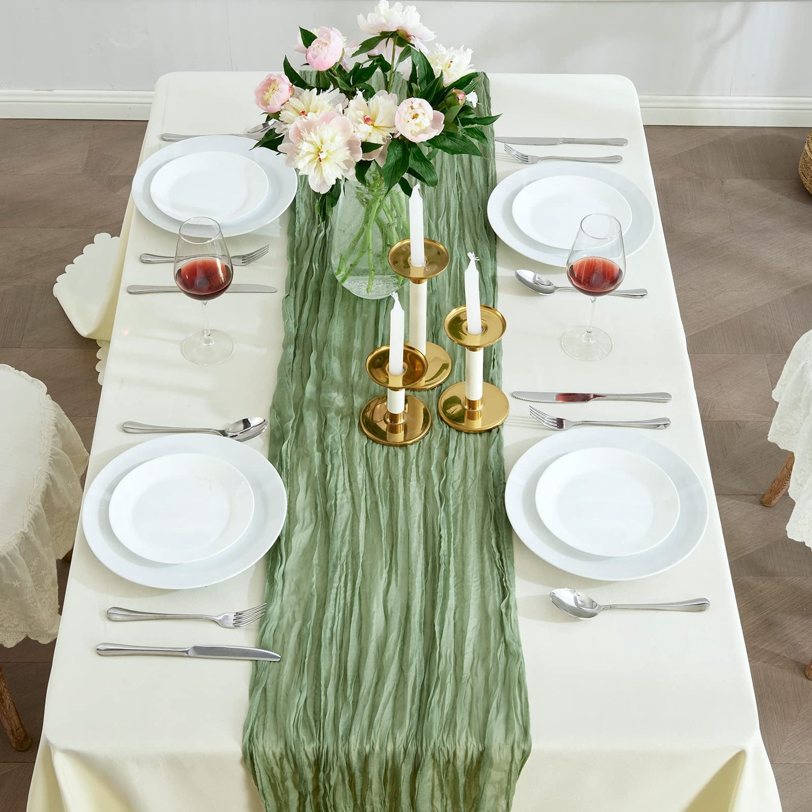 6 Pack Sage Green Cheesecloth Table Runners 10ft Wide Gauze Boho for Bridal Shower Wedding Table Decorations