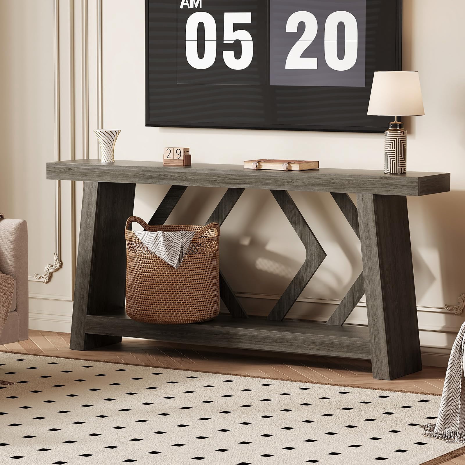 70.9 Inch Extra Long Console Table, 2-Tier All-Wood Sofa Table with Sturdy Trapezoid Legs, Entryway & Hallway Table for Living Room, Foyer
