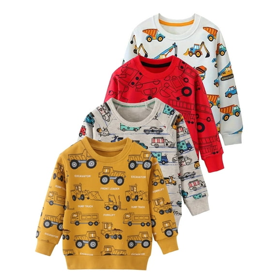 ATAIKU 2-7Y Kids Boys French Terry Sweatshirts Construction Vehicle Novelty Crewneck Pullover Cotton Tops