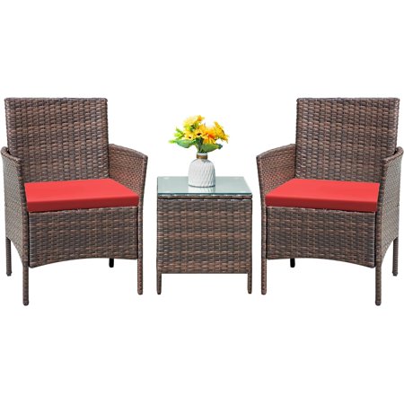 Flamaker Patio Furniture Set 3 Pieces All-Weather Rattan Outdoor Furniture Patio Chairs with Tempered Glass Table for Porch Bistro Balcony (Grey/Beige)