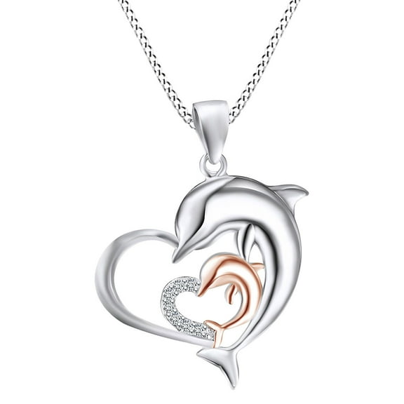 AFFY Diamond Accents Heart Double Dolphin Womens Pendant Necklace 14k White Gold Over 925