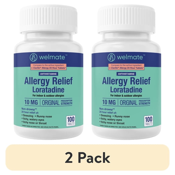 (2 pack) WELMATE Allergy Medicine, Loratadine 10mg, 24HR Allergy Relief, 100 Tablets, Compare to Claritin®
