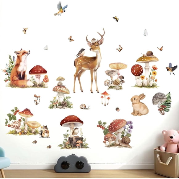 Amimagen Woodland Animal Wall Decals - Mushroom Deer Fox Rabbit Forest Wall Stickers - Baby Nursery Kids Girls Bedroom Daycare Wall Decor