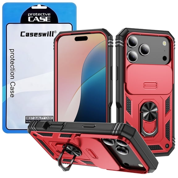 Caseswill for iPhone 18 Pro Max / iPhone 17 Pro Max Case with 2X Screen Protector, 3in1 Rugged Heavy Duty Shockproof Phone Case with Slide Camera Cover & 360° Rotatable Ring Kickstand