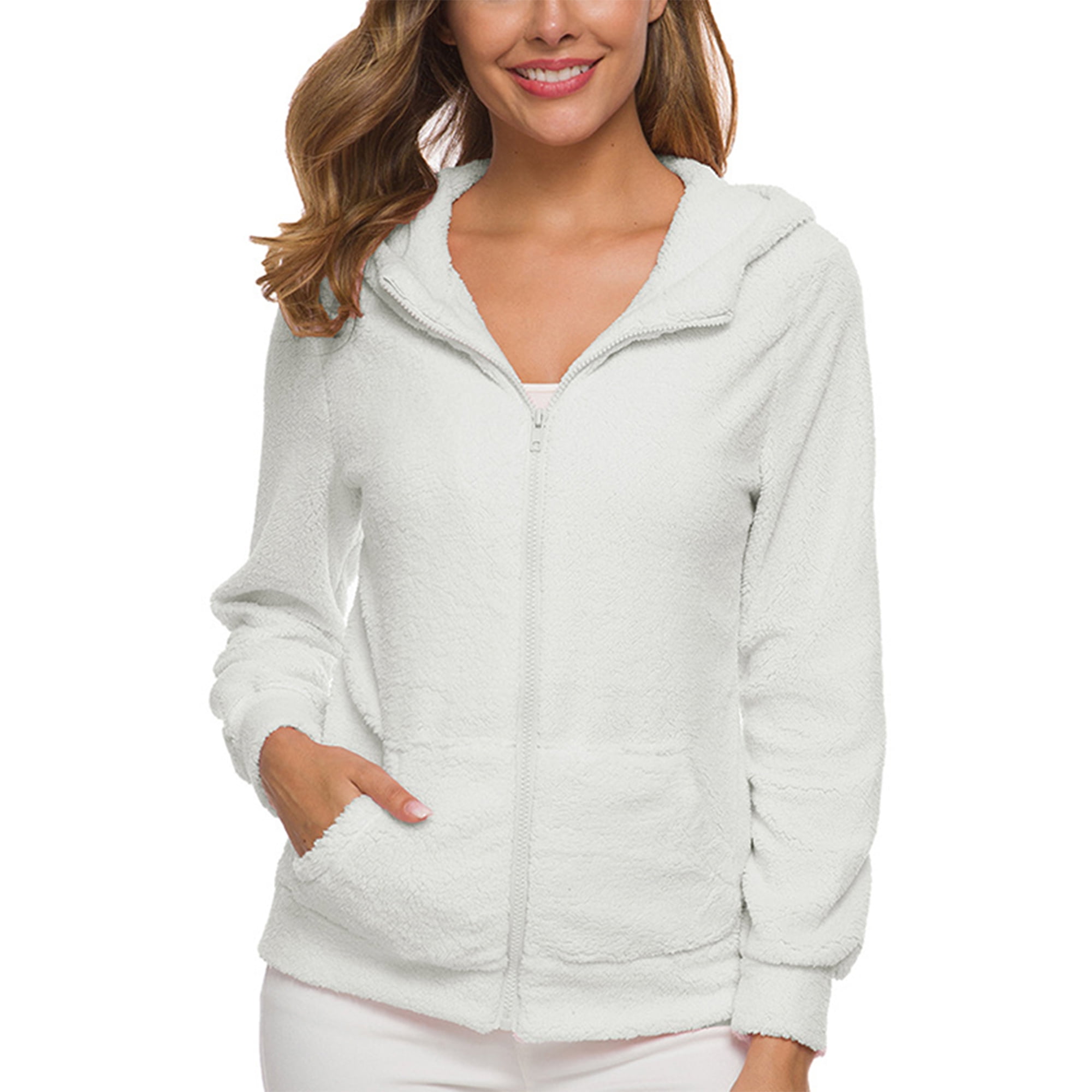 Bellella Ladies Plain Sherpa Hoodie Long Sleeve With Pockets Sweatshirt Winter Hoodies White XL