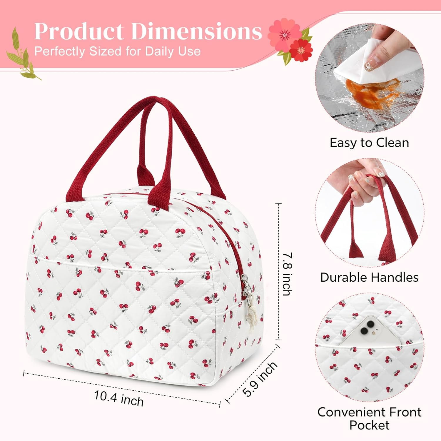 Lunch Box for Women Quilted Insulated Lunch Bag Tote Cute Reusable Floral Cotton Lunch Box Large Capacity Lunch Bag for Work Picnic Travel Aesthetic Coquette Style