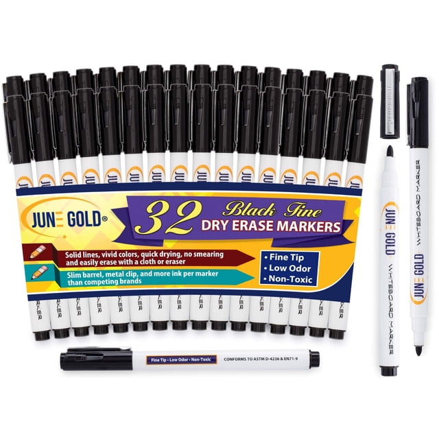 June Gold 32 Black Dry Erase Whiteboard Markers, Fine / Bullet Tip, Slim Barrel, Low Odor & Vivid Lines