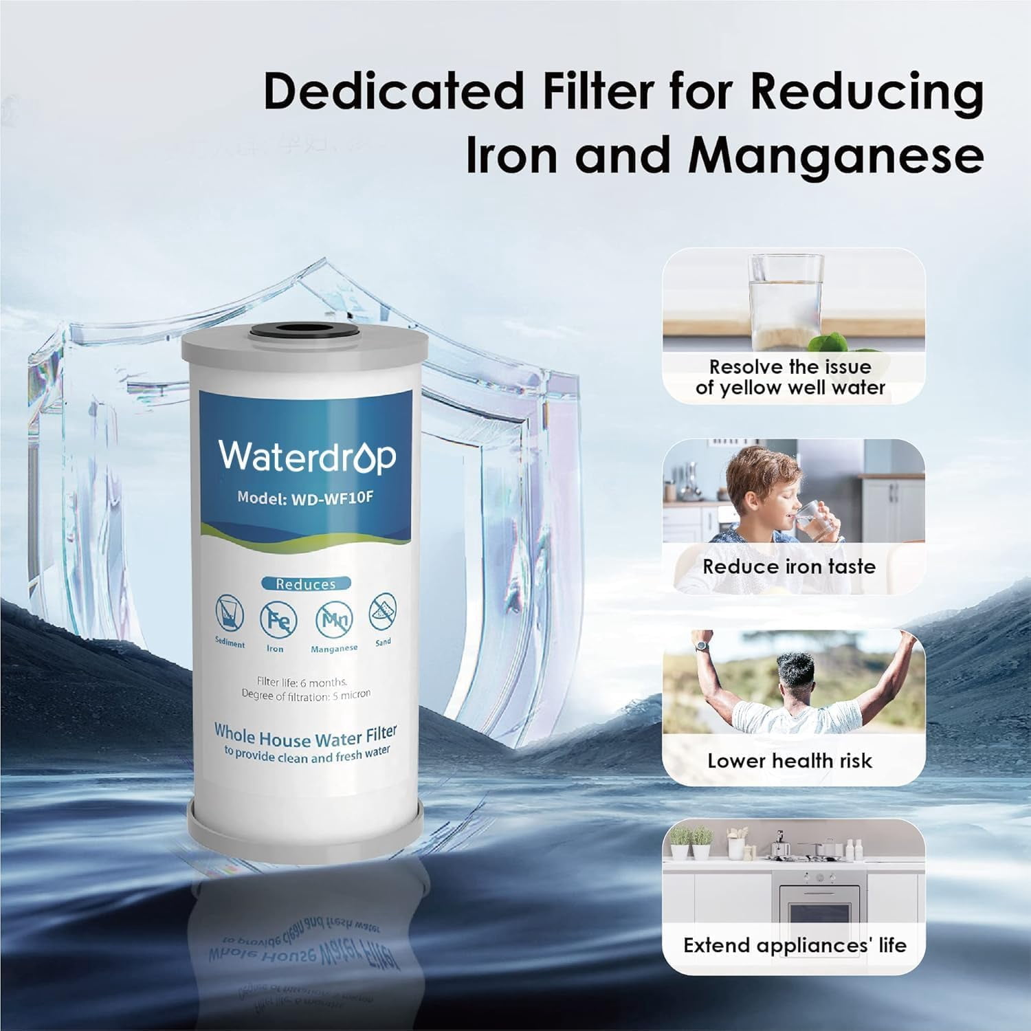Waterdrop Whole House Water Filter, Iron Filter, Sediment Filter for Well Water, Reduce Manganese, Replacement for Ispring, GE®, Waterdrop, Any 10" x 4.5" Whole House Water Filters System, 5 Micron