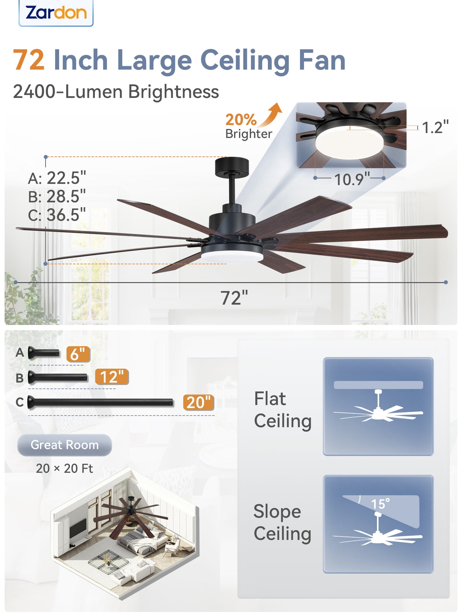 Zardon 72in Ceiling Fan with Light and Remote Control, Large Modern Ceiling Fan with 6 Speeds Reversible, for Indoor Outdoor, Patios, Black