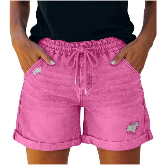 Nkmbld Women's Ripped Denim Shorts Drawstring Elastic Waist Distressed Jeans Shorts