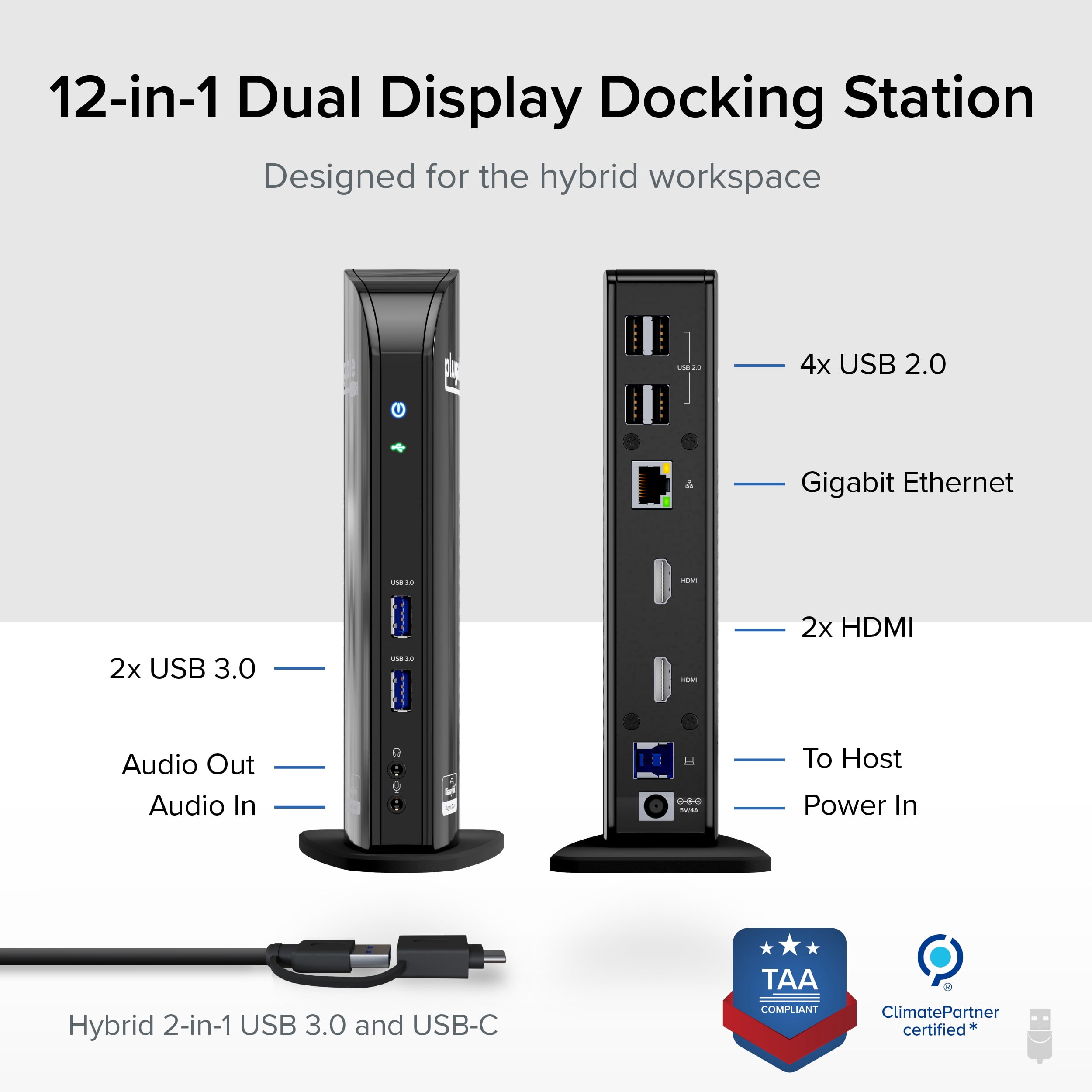 USB 3.0 Universal Laptop Docking Station Dual Monitor for Windows and Mac (Dual HDMI, Gigabit Ethernet, Audio, 6 USB Ports) -TAA Compliant