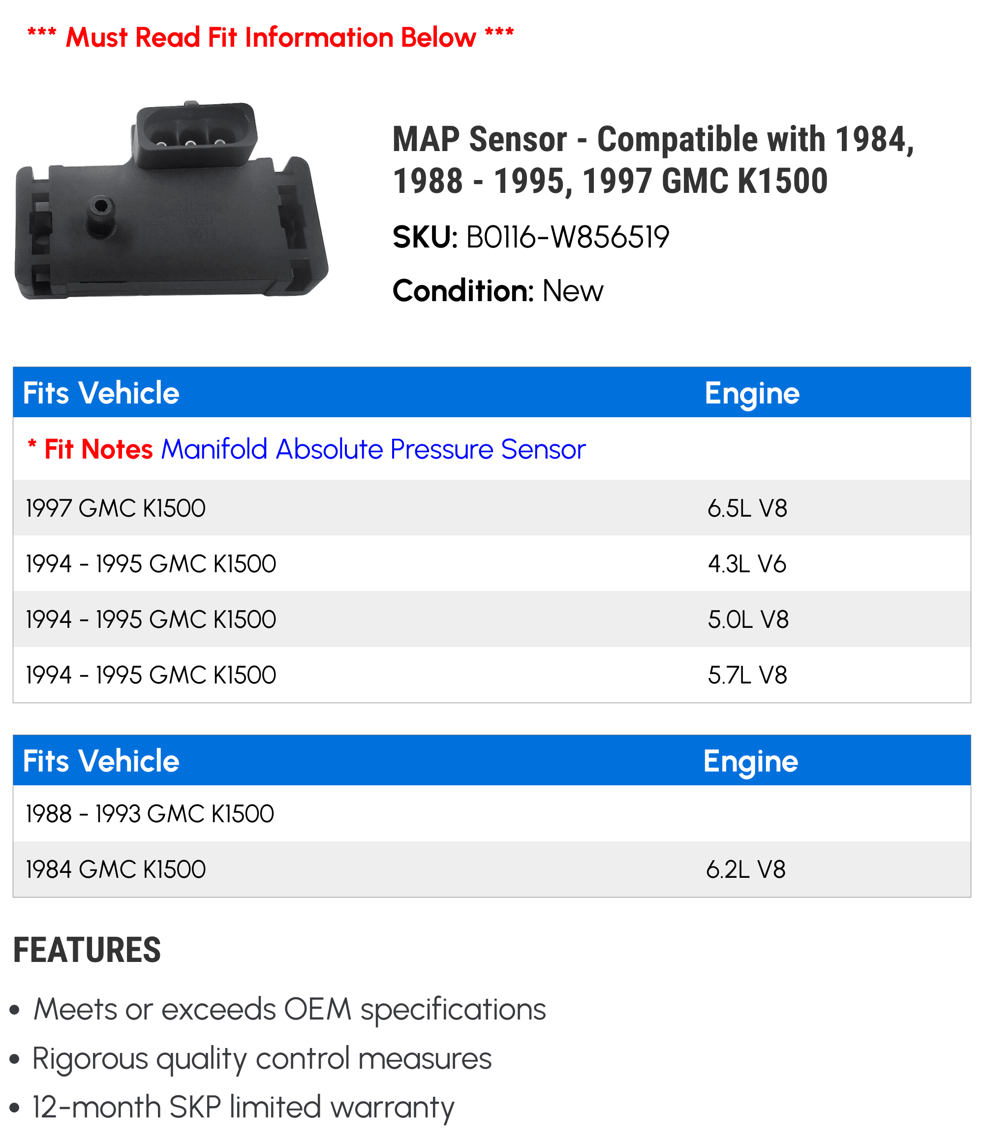 MAP Sensor - Compatible with 1984, 1988 - 1995, 1997 GMC K1500 1989 1990 1991 1992 1993 1994
