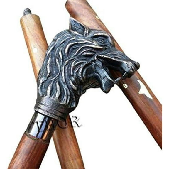 Nautical Wolf Design Handle Victorian Wooden Walking Stick Rustic Vintage Home Decor Gifts