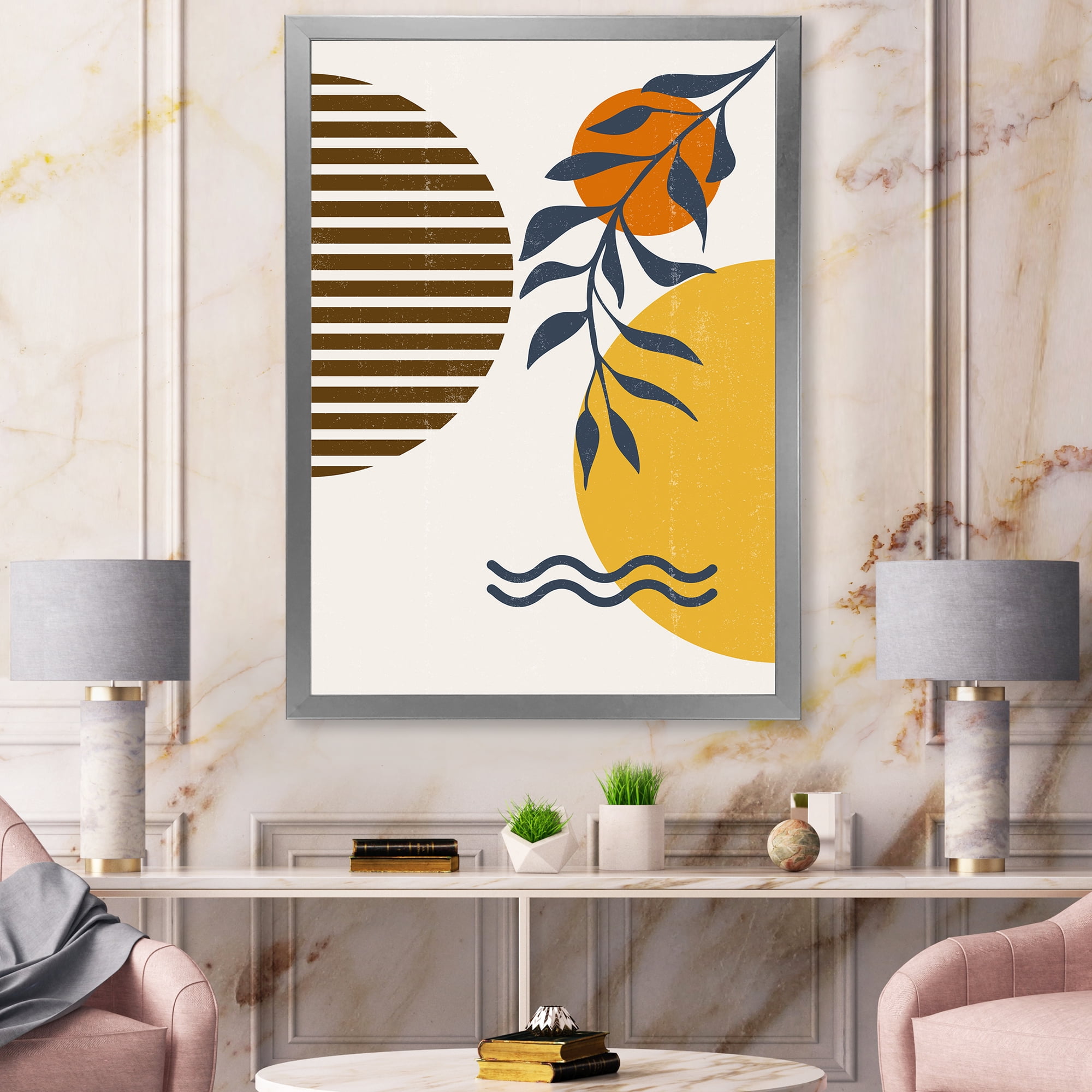 Designart 'Abstract Shapes With Botanical Minimalist Leaf I' Modern Framed Art Print