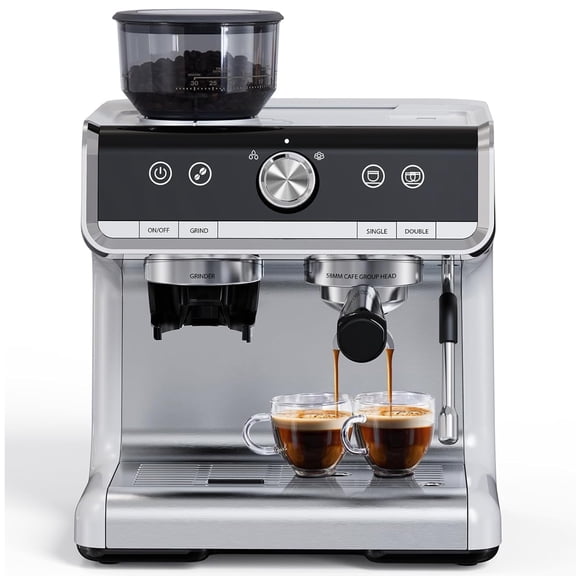 TacleeKii 20 Bar Espresso Machine with Grinder, Professional Stainless Steel Coffee Maker with Milk Frother, 2.8L Tank, Silver