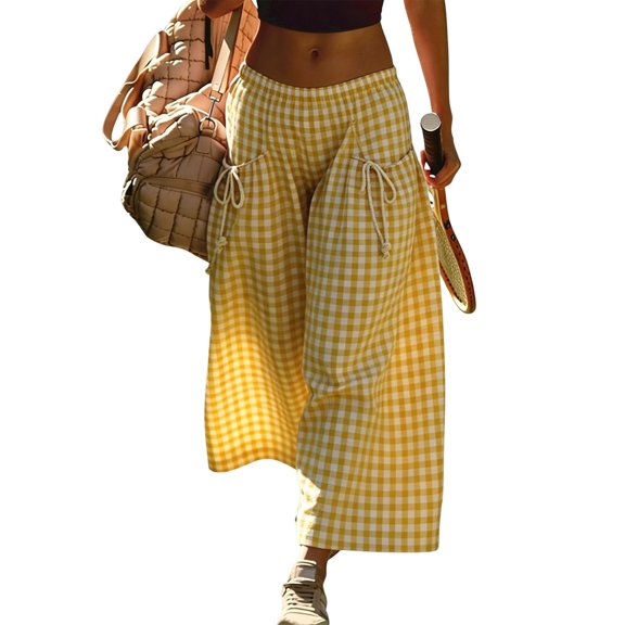 Yungyresw Women's Plaid Barrel Pants Wide Leg Elastic Waist Casual Culottes Pants Breathable Drawstring Loose Pants With Pocket Fluorescence Yellow L