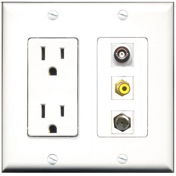 RiteAV - 15 Amp Power Outlet 1 Port RCA Yellow 1 Port Coax 1 Port BNC Decorative Wall Plate