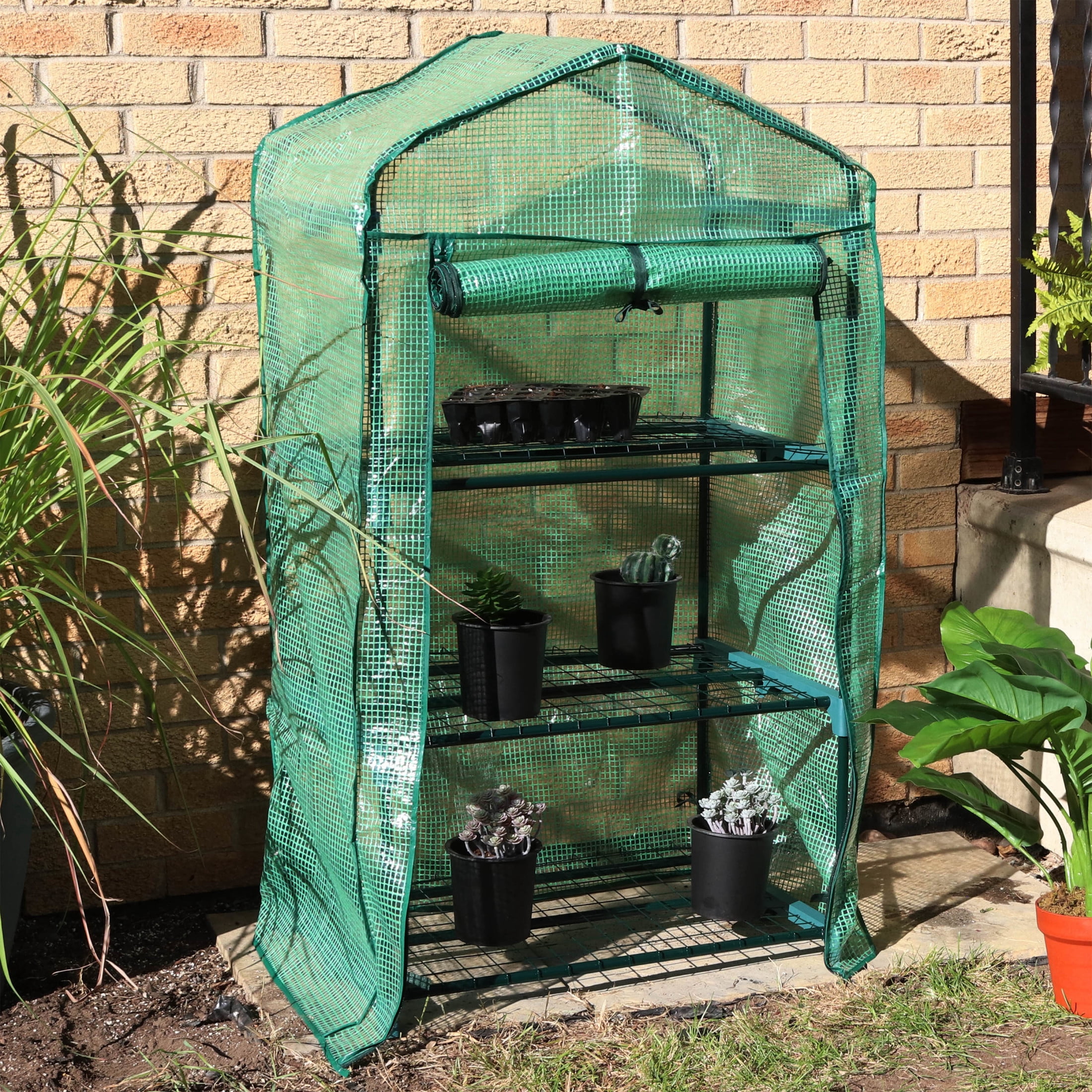 Sunnydaze 2' x 1.5' x 4' Outdoor Portable 3-Tier Mini Greenhouse, Green Cover