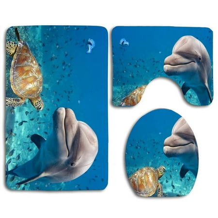 Sea Turtle Bathroom Rug GOHAO Dolphin Sea Turtle 3 Piece Bathroom Rugs Set Bath Rug Contour Mat and Toilet Lid Cover ()