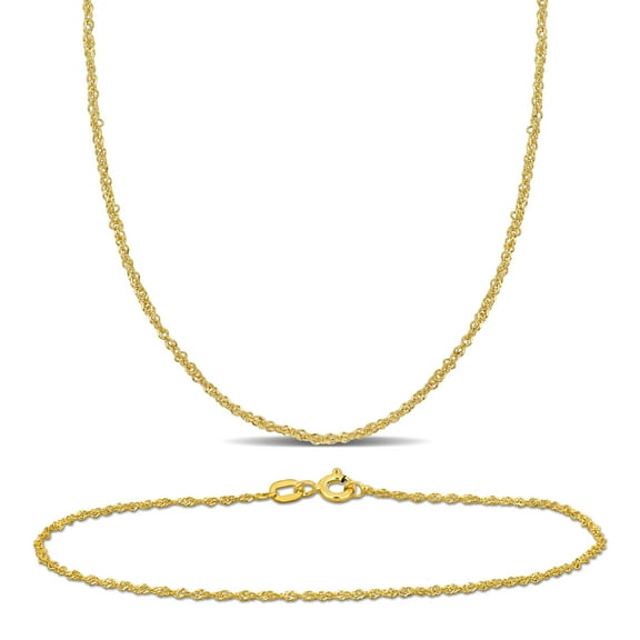 Everly Women's 14kt Yellow Gold 1.2mm Singapore Chain Necklace and Bracelet Set - 16 in   7.5 in