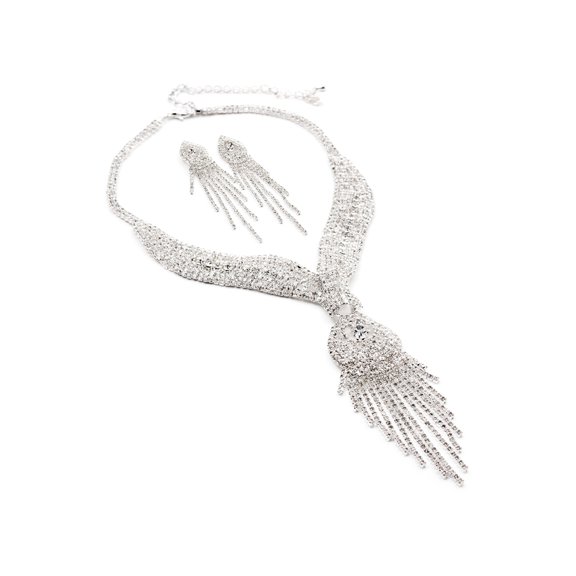 Silver Crystal Rhinestone 7 Strands Drop Dangle Earrings & Scarf Tie Shape with Multiple Rhinestone Strands Long Tassel Drop Necklace Jewelry Set