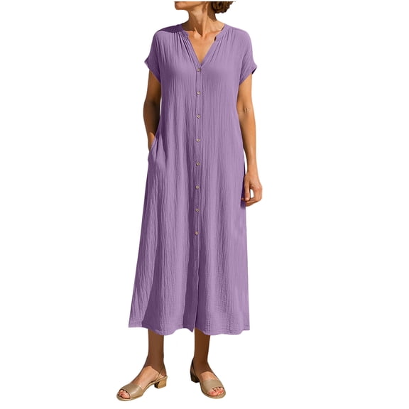 CHGBMOK Women Solid Linen Dresses Button Down Shirt Dresses V Neck Short Sleeve A-line Long Sundress Beach Vacation Outfits