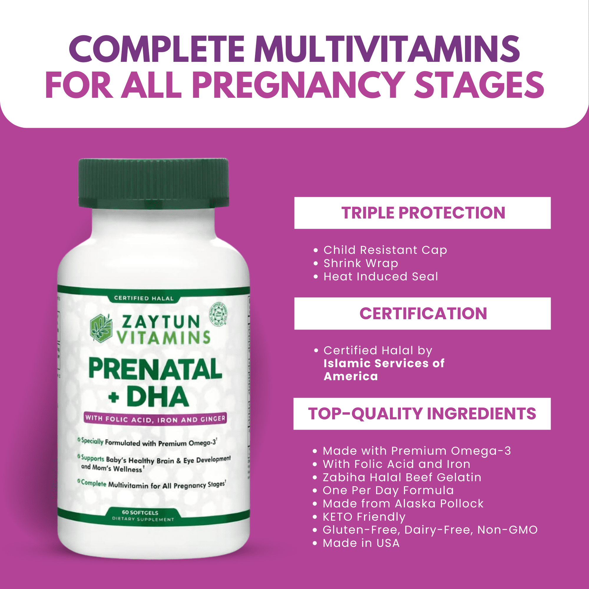 Zaytun Vitamins Halal Prenatal + DHA Multivitamin Softgels, 60 Softgels