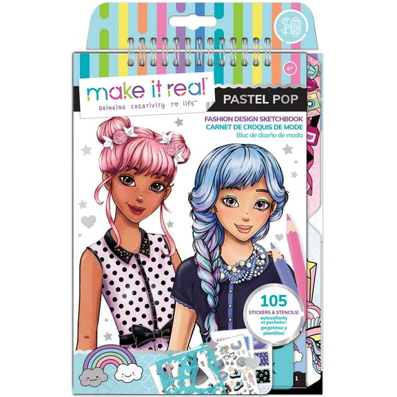 Make It Real Pastel Pop! Fashion Design Blank Sketchbook W/ 105 Stickers & Stencils, Tweens & Girls 6 