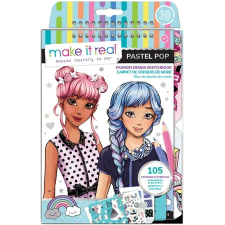 Make It Real Pastel Pop! Fashion Design Blank Sketchbook W/ 105 Stickers & Stencils, Tweens & Girls 6+