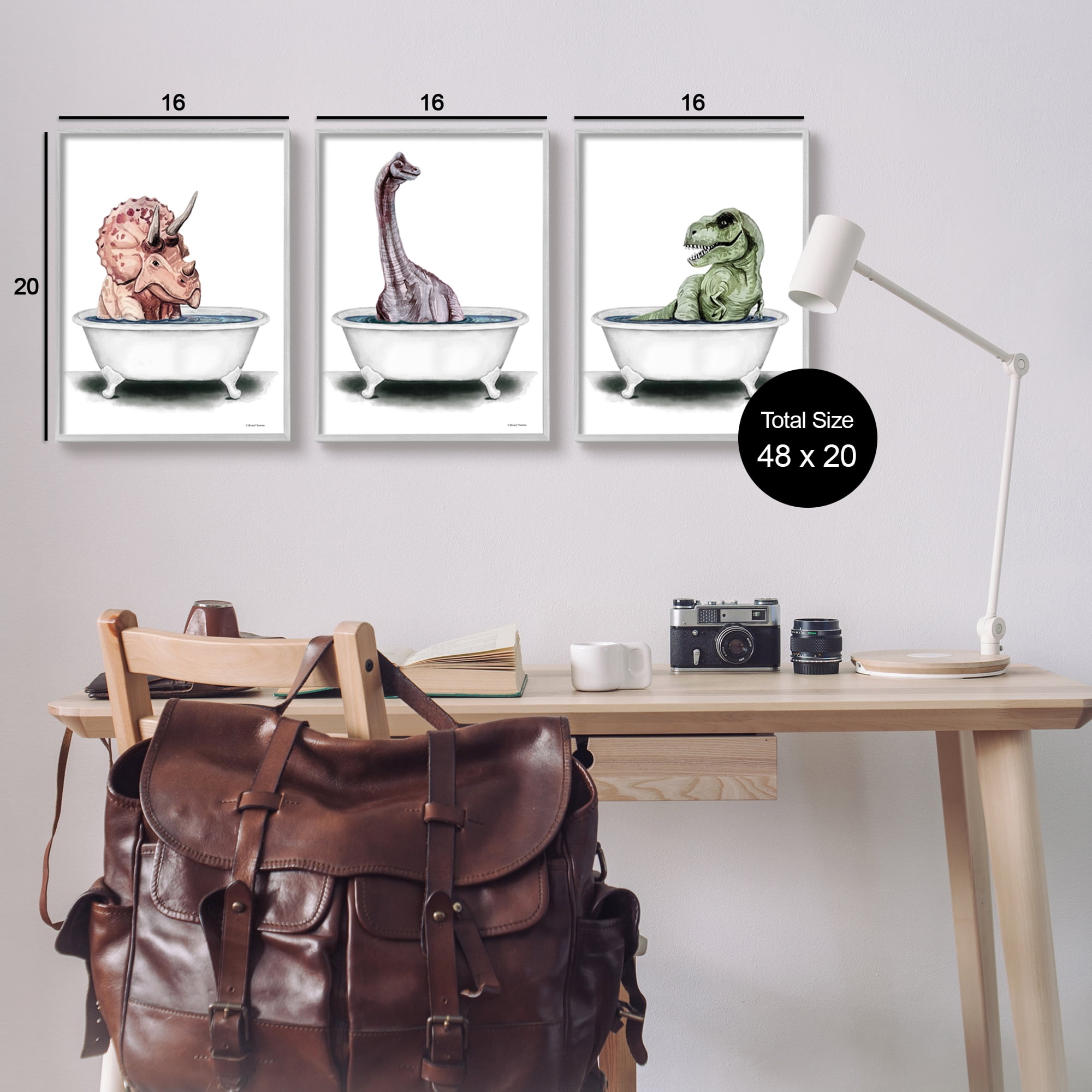 Stupell Fun Dinosaurs Bathroom Tubs Animals & Insects Painting Gray Framed Art Print Wall Art, Set of 3