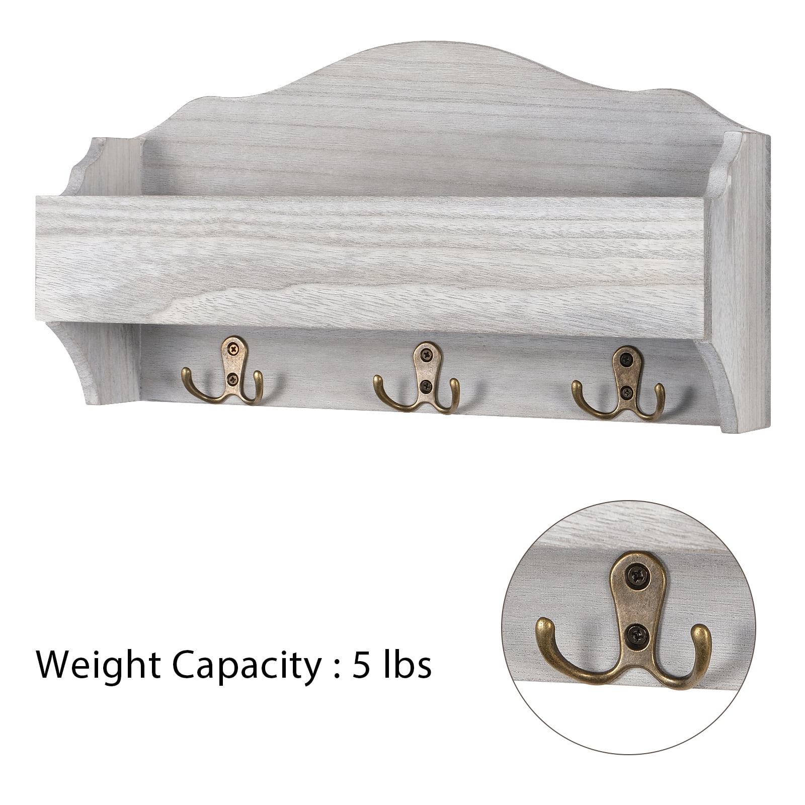 Vintage Wooden Mail 1-Piece Floating Wall Shelf With 6 Key Hooks, Rustic White