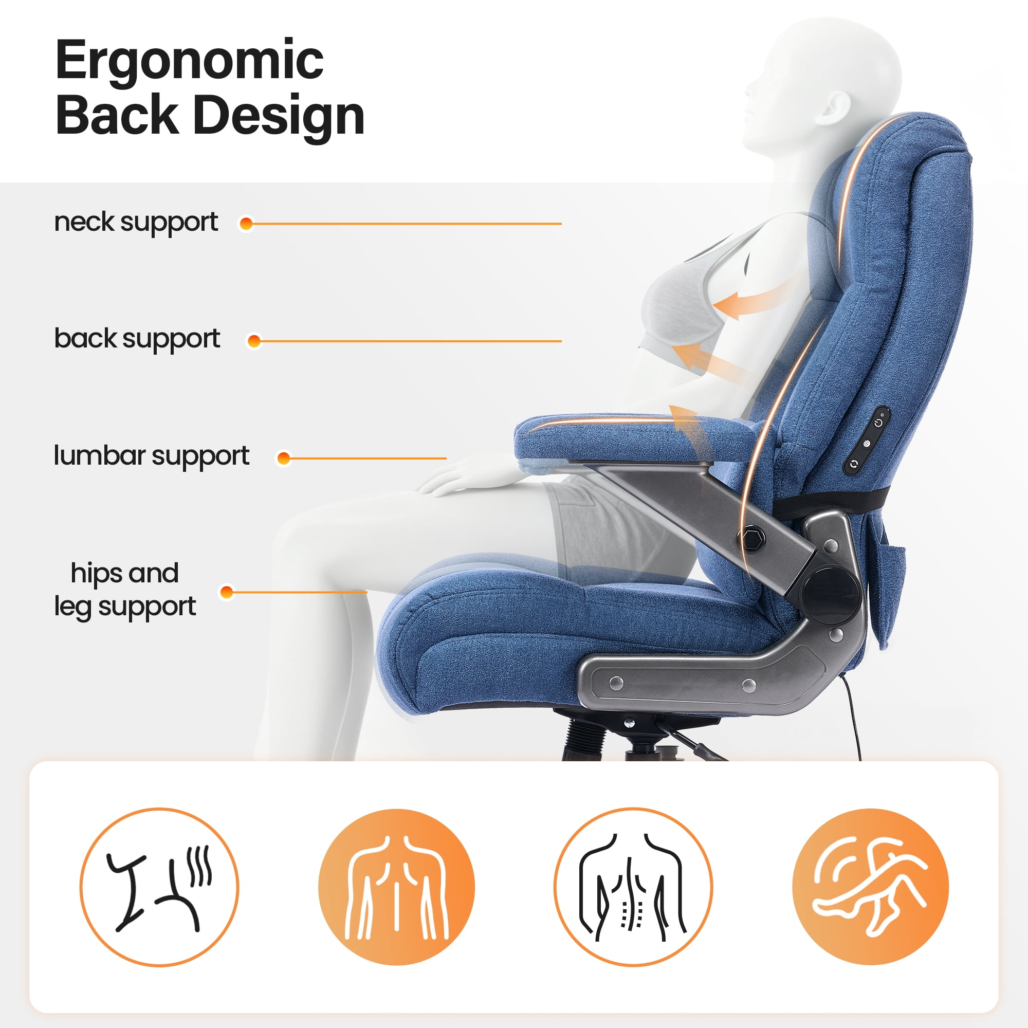 EOP 23.62'' Extra Wide Office Chair, 600 Lbs Big and Tall Executive Office Chair with Heat and Kneading Massage, Ergonomic Computer Chair with 3D Flip-up Arms, Blue