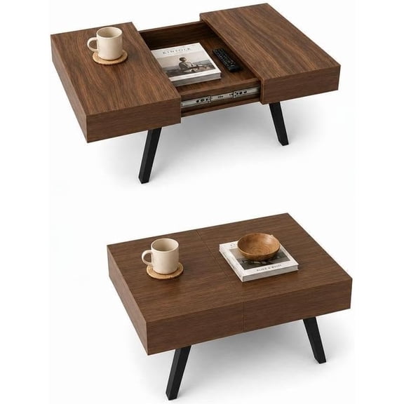 Extendable Coffee Table with Hidden Storage, Square Wood Grain Center Table with Sliding Expandable Top and 2 Pull-Out Drawers, Modern Living Room Cocktail Table for Home Apartment